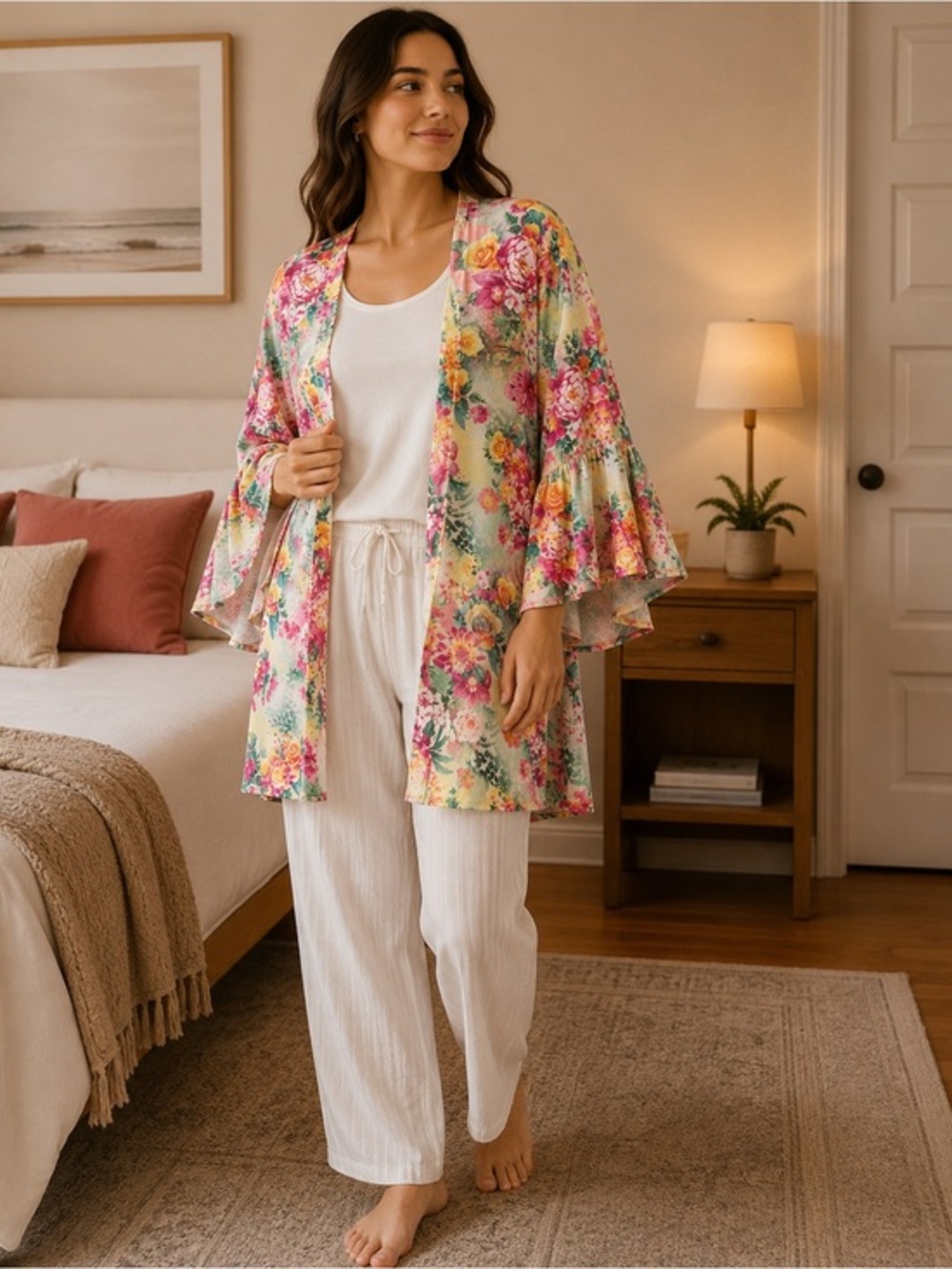 Pink Yellow Roses Flounce Kimono Jacket Robe | Romantic Boho EUC M/L OS? #1479